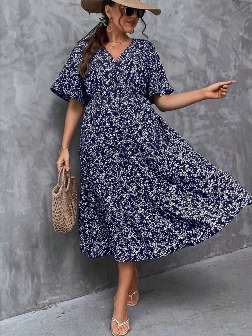 Dresses midi plus size 3XL-US 18 Navy Blue Floral Print Butterfly Sleeve Ruffle
